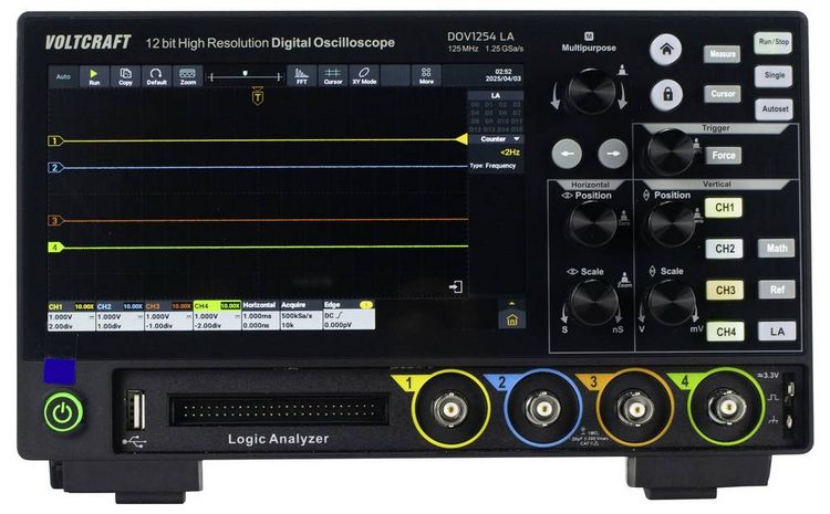 Produktbild: VOLTCRAFT DOV1254 LA Digital-Oszilloskop 125 MHz 4-Kanal 1.25 GSa/s 100 Mpts 12 Bit Digital-Speicher (DSO), Logic-Analyser 1 St.