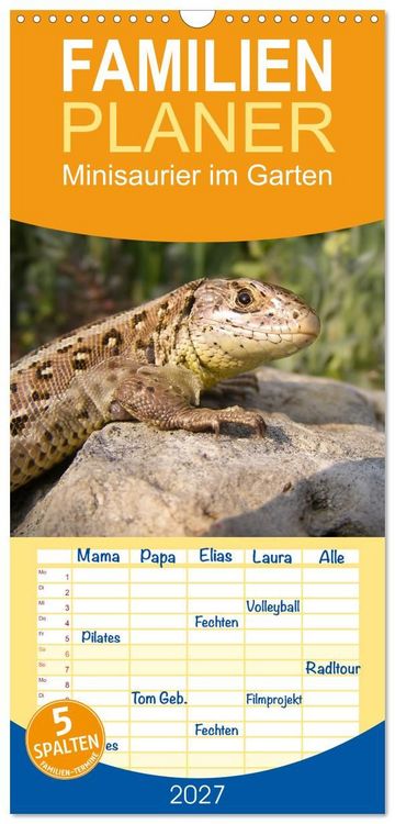 Produktbild: Familienplaner 2027 - Minisaurier im Garten mit 5 Spalten (Wandkalender, 21 x 45 cm) CALVENDO