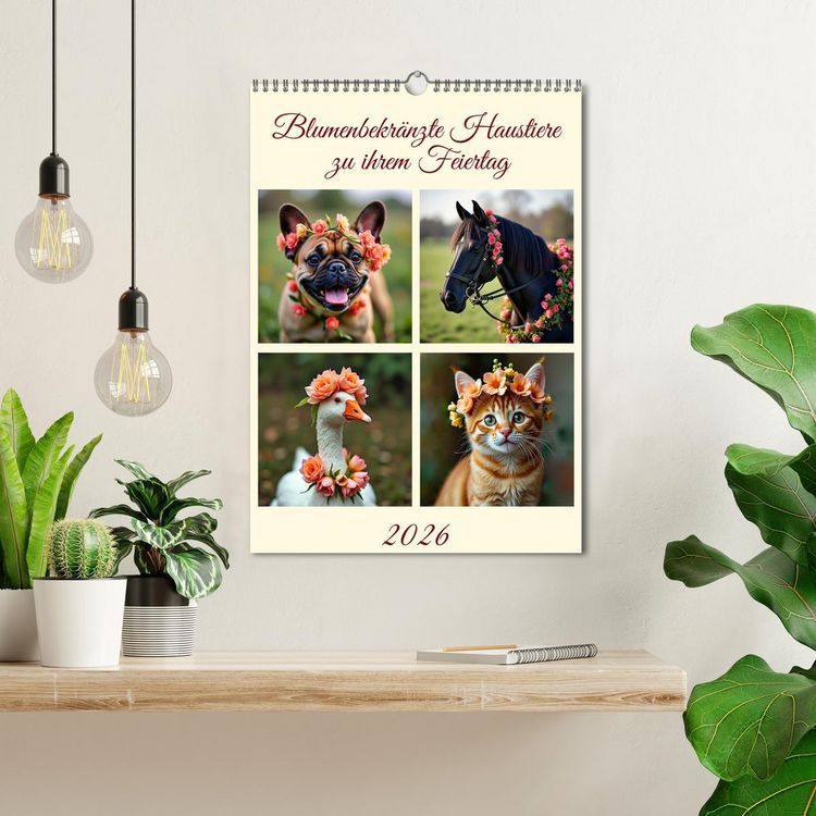 Produktbild: Blumenbekr&auml;nzte Haustiere zu ihrem Feiertag (Wandkalender 2026 DIN A3 hoch), CALVENDO Monatskalender