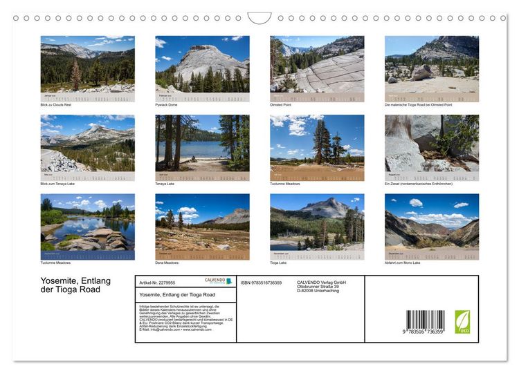 Produktbild: Yosemite, Entlang der Tioga Road (Wandkalender 2026 DIN A3 quer), CALVENDO Monatskalender