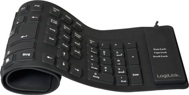 Produktbild: LogiLink ID0019A USB Tastatur Deutsch, QWERTZ Schwarz Faltbar, Spritzwassergesch&uuml;tzt, Staubgesch&uuml;tzt