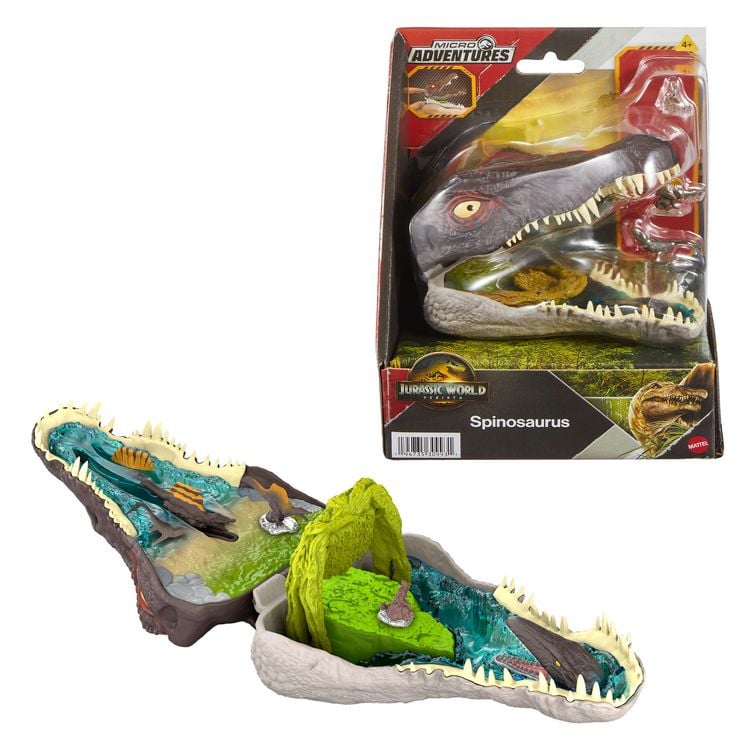 Produktbild: Jurassic World Rebirth, kleines Abenteuer-Spielset in Form eines Spinosaurus-Kopfes, interaktive Funktionen und Figuren