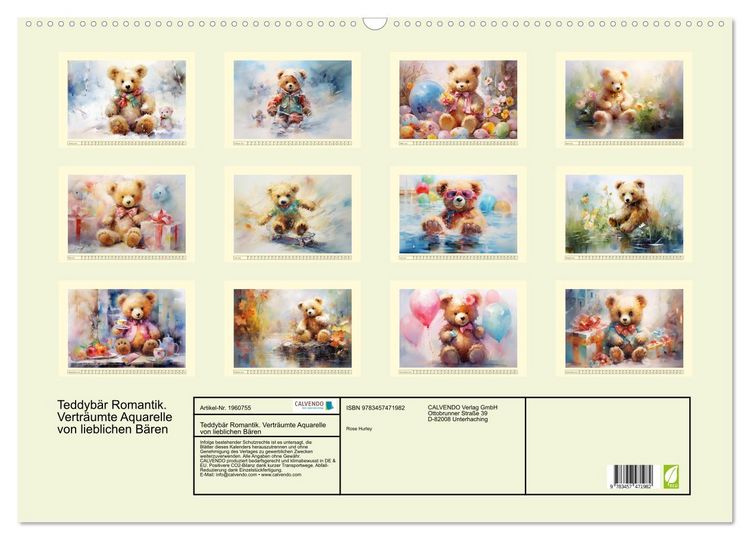 Produktbild: Teddyb&auml;r Romantik. Vertr&auml;umte Aquarelle von lieblichen B&auml;ren (Wandkalender 2026 DIN A2 quer), CALVENDO Monatskalender