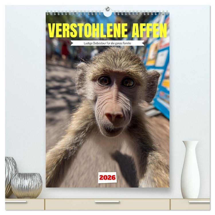 Produktbild: Verstohlene Affen - Lustige Diebestour f&uuml;r die ganze Familie (hochwertiger Premium Wandkalender 2026 DIN A2 hoch), Kunstdruck in Hochglanz