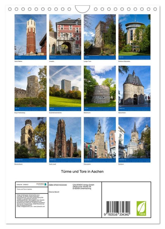 Produktbild: T&uuml;rme und Tore in Aachen (Wandkalender 2026 DIN A4 hoch), CALVENDO Monatskalender