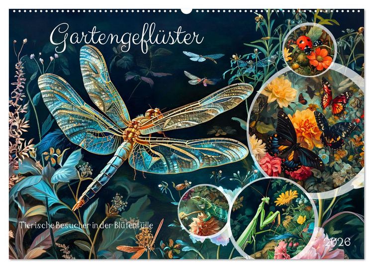 Produktbild: Gartengefl&uuml;ster - Tierische Besucher in der Bl&uuml;tenf&uuml;lle (Wandkalender 2026 DIN A2 quer), CALVENDO Monatskalender