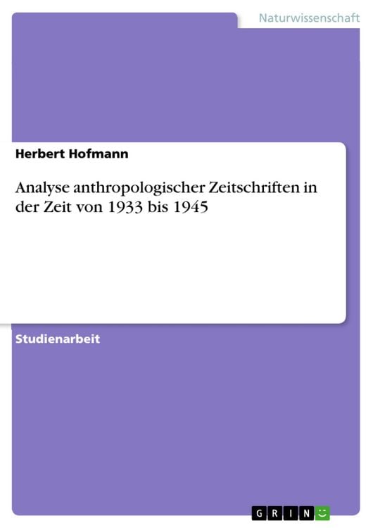 Produktbild: Analyse anthropologischer Zeitschriften in der Zeit von 1933 bis 1945