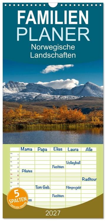 Produktbild: Familienplaner 2027 - Norwegische Landschaften mit 5 Spalten (Wandkalender, 21 x 45 cm) CALVENDO