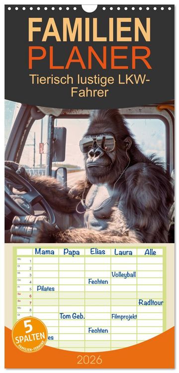 Produktbild: Familienplaner 2026 - Tierisch lustige LKW-Fahrer mit 5 Spalten (Wandkalender, 21 x 45 cm) CALVENDO