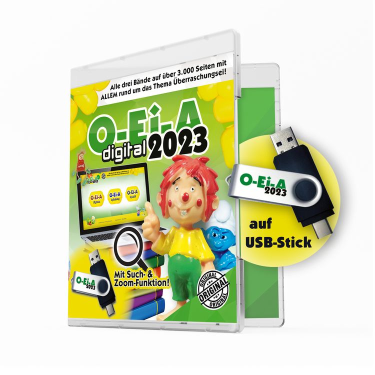 Produktbild: O-Ei-A digital 2023 - Alle drei Preisf&uuml;hrer zum Sammelgebiet &Uuml;berraschungsei erstmals digital auf USB-Stick als PDF-Version!