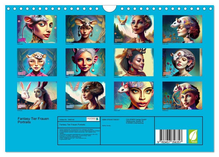 Produktbild: Fantasy Tier Frauen Portraits (Wandkalender 2026 DIN A4 quer), CALVENDO Monatskalender