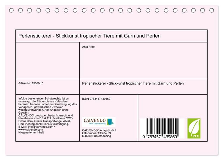 Produktbild: Perlenstickerei - Stickkunst tropischer Tiere mit Garn und Perlen (Tischkalender 2026 DIN A5 quer), CALVENDO Monatskalender