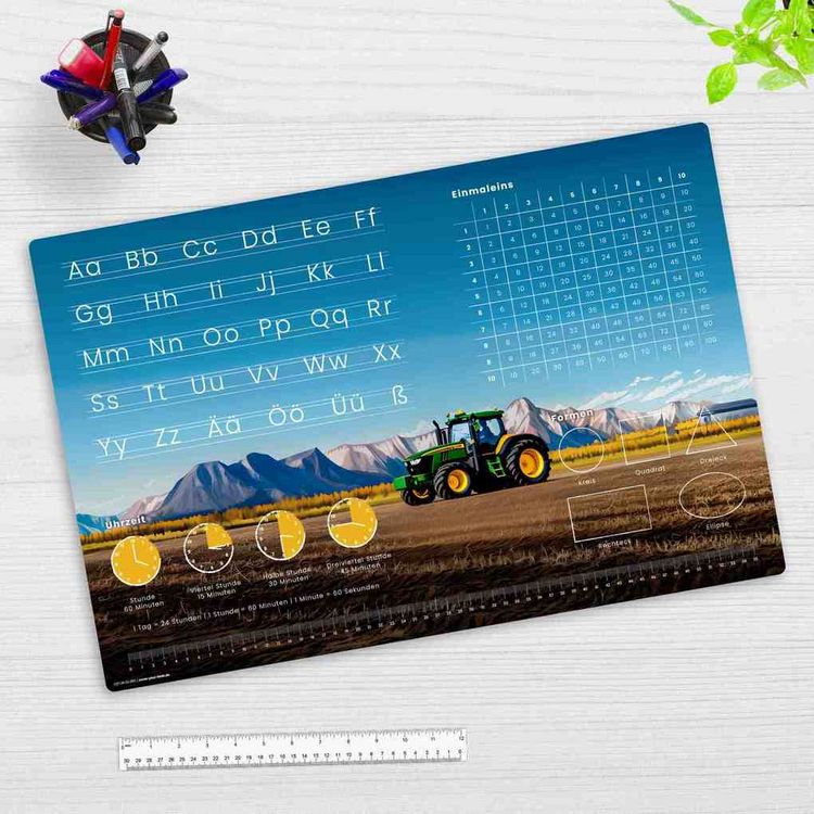 Schreibtischunterlage für Kinder — Lernunterlage mit ABC, 1×1 & Uhrzeiten