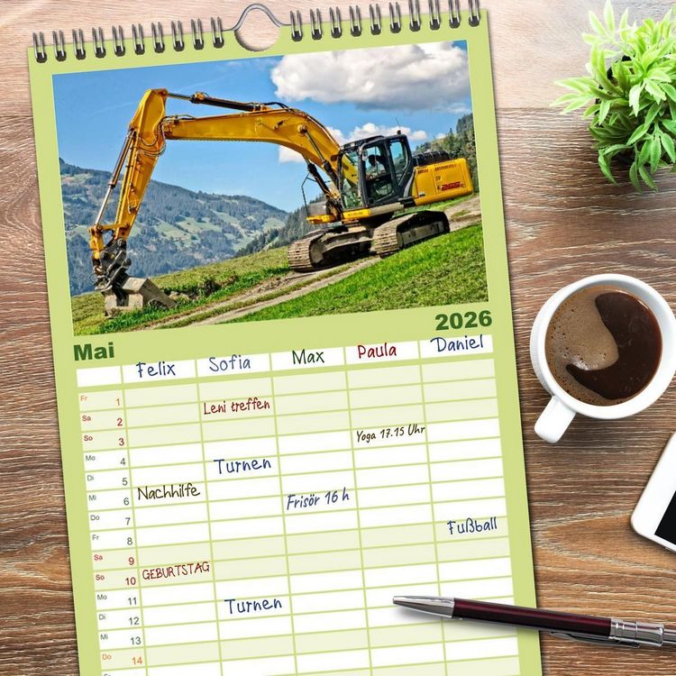 Produktbild: Familienplaner 2026 - Bagger - kraftvolle Arbeitsmaschinen mit 5 Spalten (Wandkalender, 21 x 45 cm) CALVENDO