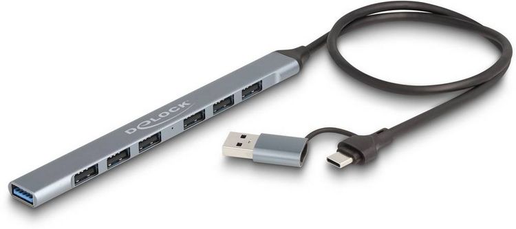 Produktbild: Delock 64273 USB-Hub 7 Port USB-A USB 3.2 Gen1 5 GBit/s mit USB-C&reg; Stecker Grau 64273