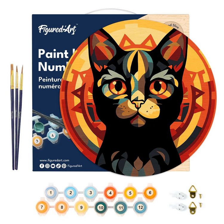 Produktbild: FiguredArt RFA032 - Malen nach Zahlen, Art-Deco-Schwarze Katze, Holzscheibe (30cm), Malset, Paint by Numbers