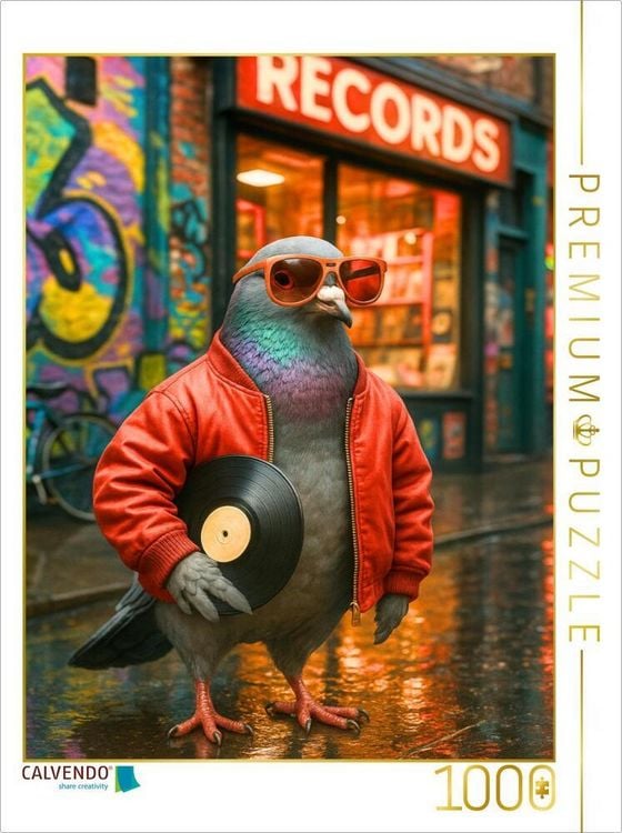 Produktbild: CALVENDO Puzzle Vinyl Vibes - Stadttaube vorm Plattenladen | 1000 Teile Lege-Gr&ouml;&szlig;e 64x48cm Foto-Puzzle f&uuml;r gl&uuml;ckliche Stunden