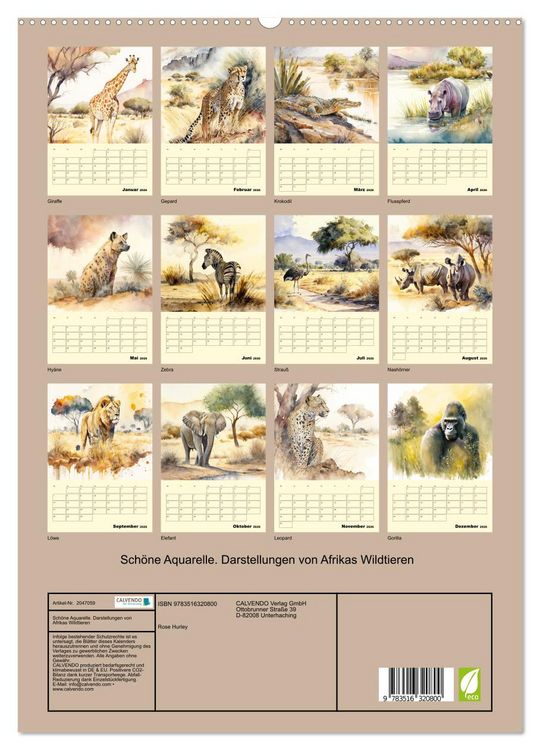 Produktbild: Sch&ouml;ne Aquarelle. Darstellungen von Afrikas Wildtieren (hochwertiger Premium Wandkalender 2026 DIN A2 hoch), Kunstdruck in Hochglanz
