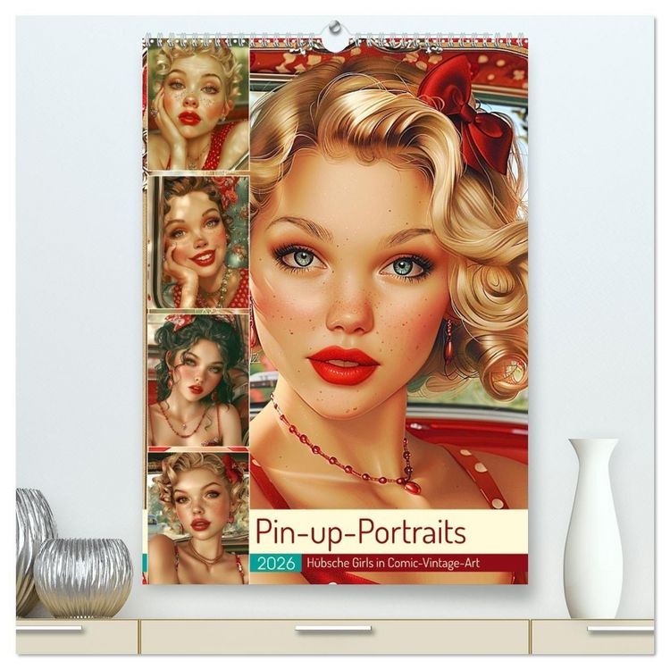 Produktbild: Pin-up-Portraits. H&uuml;bsche Girls in Comic-Vintage-Art (hochwertiger Premium Wandkalender 2026 DIN A2 hoch), Kunstdruck in Hochglanz