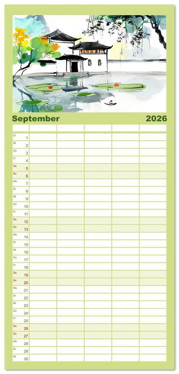 Produktbild: Familienplaner 2026 - Fernost Impressionen - Tempel und Landschaften in KI-Tuschekunst mit 5 Spalten (Wandkalender, 21 x 45 cm) CALVENDO
