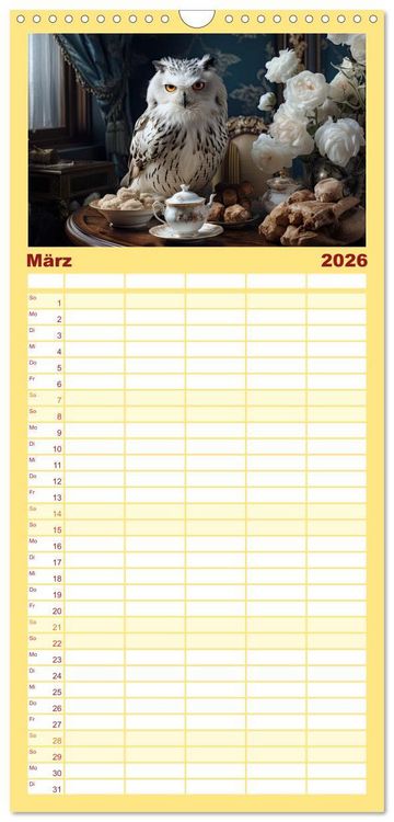 Produktbild: Familienplaner 2026 - Stillleben mit Eule mit 5 Spalten (Wandkalender, 21 x 45 cm) CALVENDO