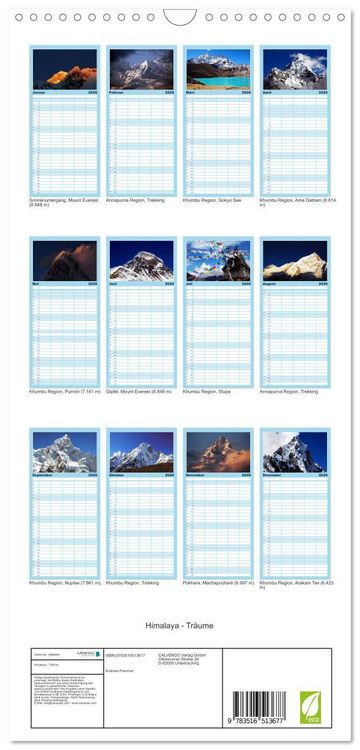 Produktbild: Familienplaner 2026 - Himalaya - Tr&auml;ume mit 5 Spalten (Wandkalender, 21 x 45 cm) CALVENDO