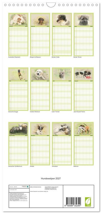 Produktbild: Familienplaner 2027 - Hundewelpen 2027 mit 5 Spalten (Wandkalender, 21 x 45 cm) CALVENDO