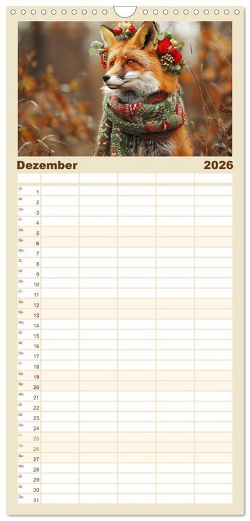 Produktbild: Familienplaner 2026 - Fuchsige Eskapaden. Reineke mit noblen Accessoires mit 5 Spalten (Wandkalender, 21 x 45 cm) CALVENDO