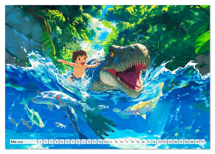 Produktbild: Abenteuer mit Dinosauriern - Tolle Dino-Freunde f&uuml;r das Jahr (hochwertiger Premium Wandkalender 2026 DIN A2 quer), Kunstdruck in Hochglanz