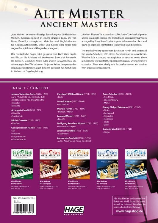 Produktbild: Alte Meister f&uuml;r Sopran-/Altblockfl&ouml;te und Klavier/Orgel