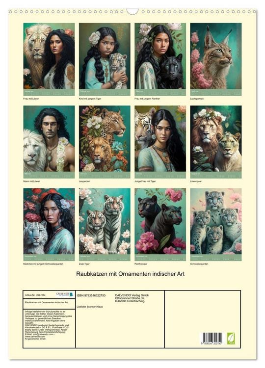 Produktbild: Raubkatzen mit Ornamenten indischer Art (Wandkalender 2026 DIN A2 hoch), CALVENDO Monatskalender