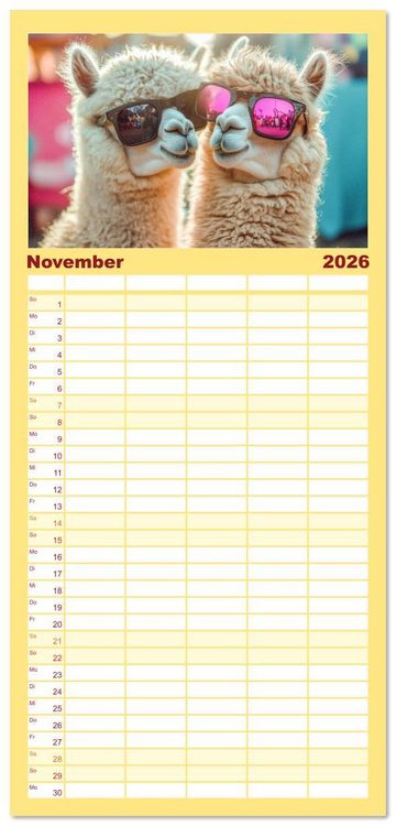 Produktbild: Familienplaner 2026 - Die Welt der Alpakas mit 5 Spalten (Wandkalender, 21 x 45 cm) CALVENDO