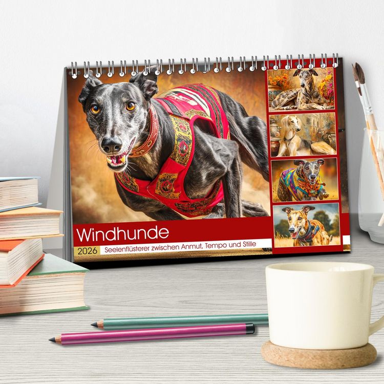 Produktbild: Windhunde. Seelenfl&uuml;sterer zwischen Anmut, Tempo und Stille (Tischkalender 2026 DIN A5 quer), CALVENDO Monatskalender
