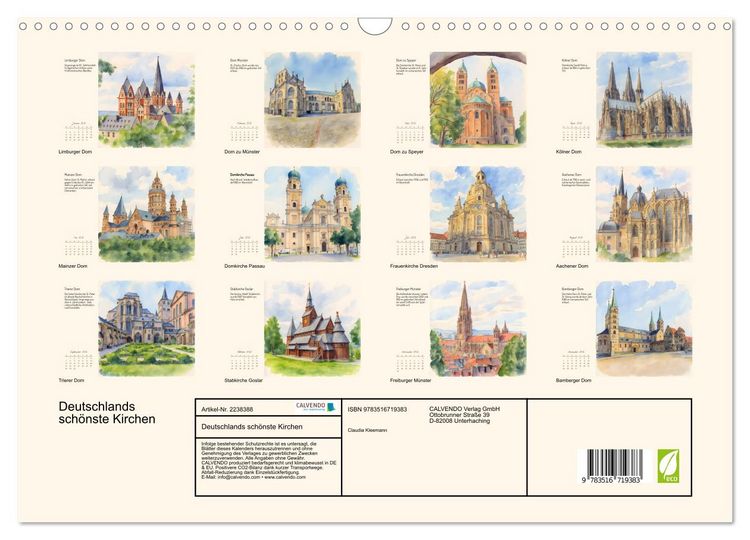 Produktbild: Deutschlands sch&ouml;nste Kirchen (Wandkalender 2026 DIN A3 quer), CALVENDO Monatskalender