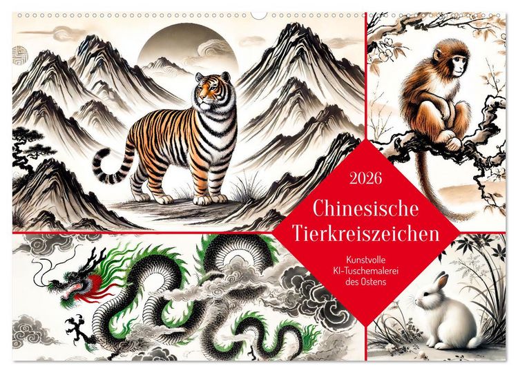 Produktbild: Chinesische Tierkreiszeichen - Kunstvolle KI-Tuschemalerei des Ostens (Wandkalender 2026 DIN A2 quer), CALVENDO Monatskalender