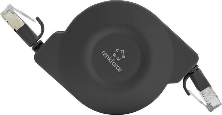 Produktbild: Renkforce RF-4476386 RJ45 Patchkabel CAT 6a U/FTP 1.50 m Schwarz Flache Ausf&uuml;hrung, inkl. Aufroller 1 St.