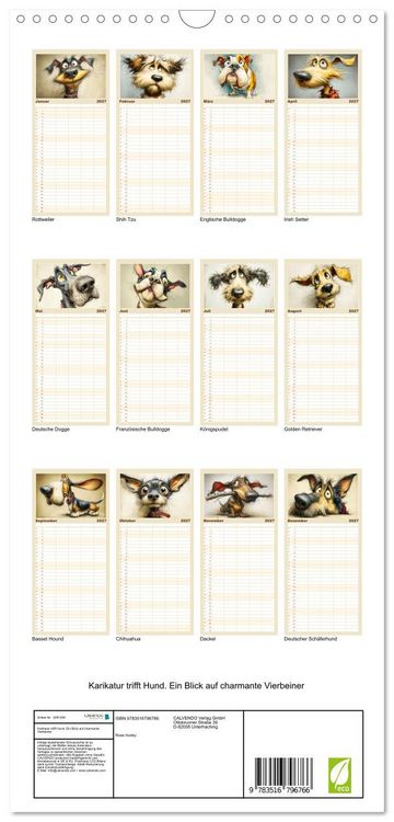 Produktbild: Familienplaner 2027 - Karikatur trifft Hund. Ein Blick auf charmante Vierbeiner mit 5 Spalten (Wandkalender, 21 x 45 cm) CALVENDO