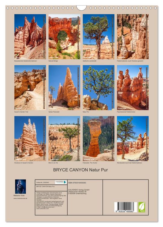 Produktbild: BRYCE CANYON Natur Pur (Wandkalender 2026 DIN A3 hoch), CALVENDO Monatskalender