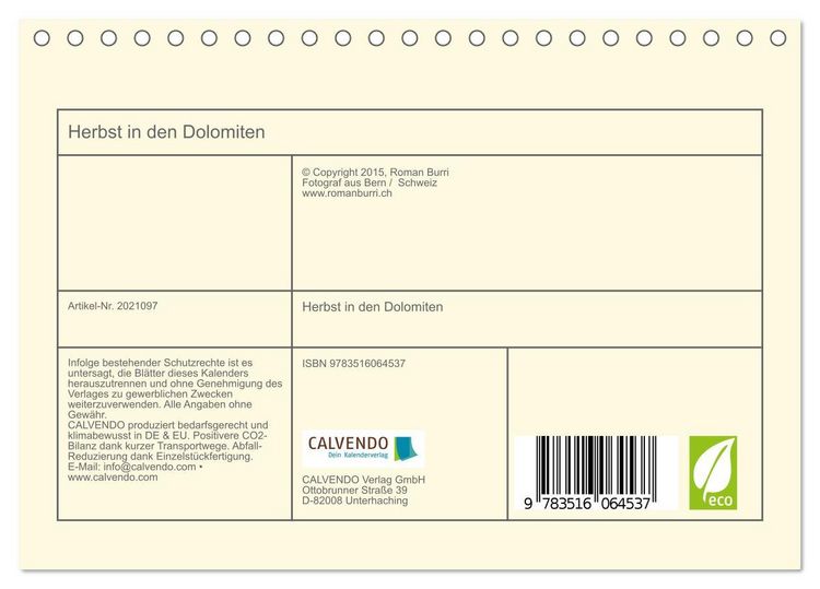 Produktbild: Herbst in den Dolomiten (Tischkalender 2026 DIN A5 quer), CALVENDO Monatskalender