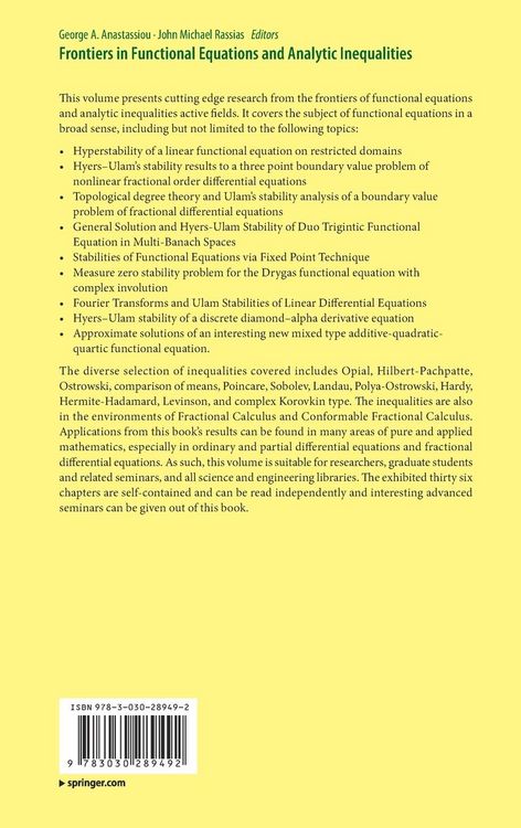 Produktbild: Frontiers in Functional Equations and Analytic Inequalities