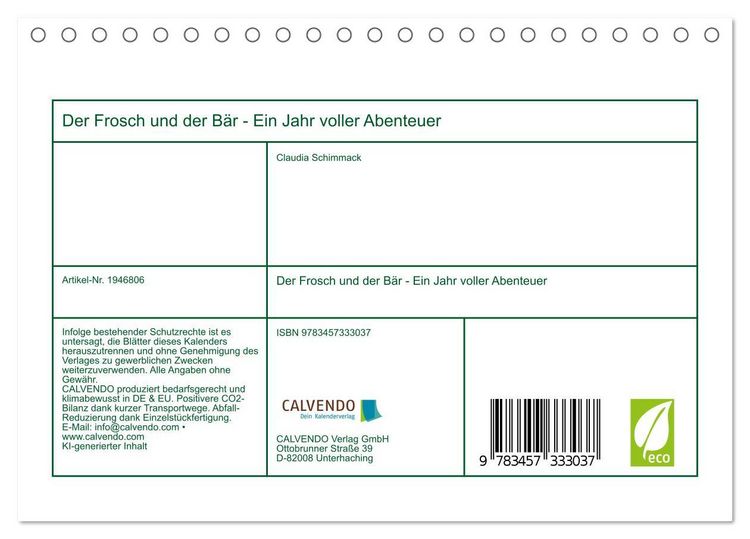 Produktbild: Der Frosch und der B&auml;r - Ein Jahr voller Abenteuer (Tischkalender 2026 DIN A5 quer), CALVENDO Monatskalender