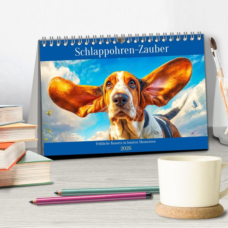 Produktbild: Schlappohren-Zauber. Fr&ouml;hliche Bassets in bunten Momenten (Tischkalender 2026 DIN A5 quer), CALVENDO Monatskalender