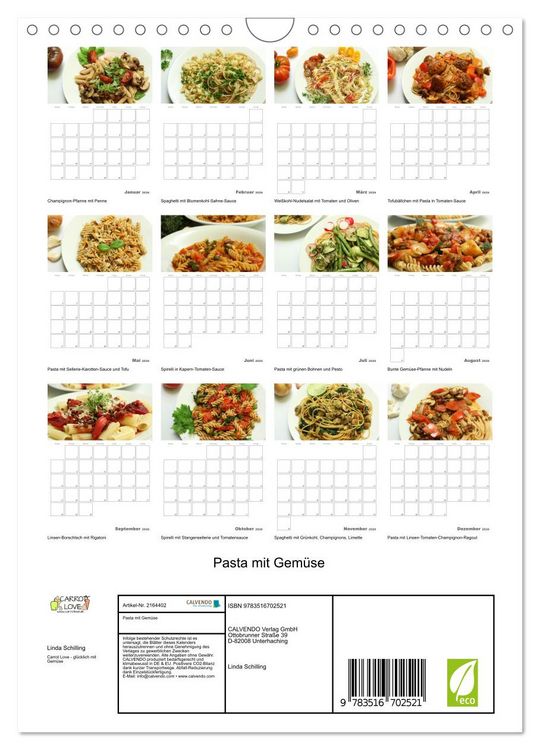 Produktbild: Pasta mit Gem&uuml;se (Wandkalender 2026 DIN A4 hoch), CALVENDO Monatskalender