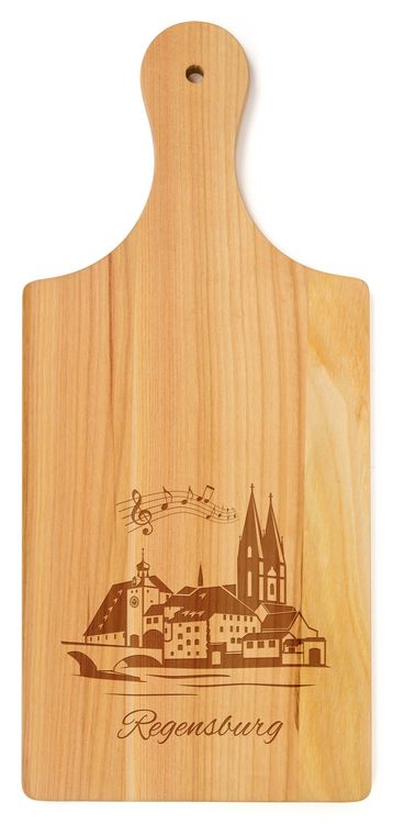 Produktbild: Brotzeitbrett mit Griff aus Kirschbaumholz, Motiv Regensburg