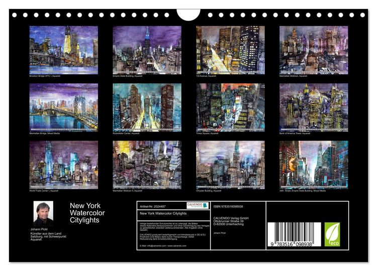 Produktbild: New York Watercolor Citylights (Wandkalender 2026 DIN A4 quer), CALVENDO Monatskalender