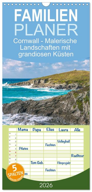 Produktbild: Familienplaner 2026 - Cornwall - Malerische Landschaften mit grandiosen K&uuml;sten mit 5 Spalten (Wandkalender, 21 x 45 cm) CALVENDO