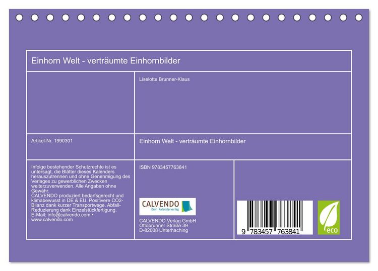 Produktbild: Einhorn Welt - vertr&auml;umte Einhornbilder (Tischkalender 2026 DIN A5 quer), CALVENDO Monatskalender