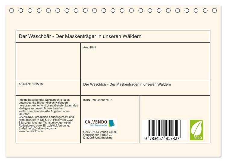 Produktbild: Der Waschb&auml;r - Der Maskentr&auml;ger in unseren W&auml;ldern (Tischkalender 2026 DIN A5 quer), CALVENDO Monatskalender