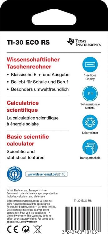 Produktbild: Texas Instruments Schulrechner TI-30 ECO RS, einzeilig