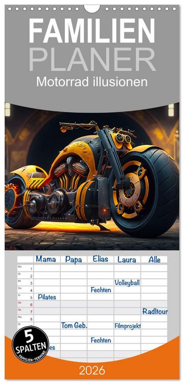 Produktbild: Familienplaner 2026 - Motorrad illusionen mit 5 Spalten (Wandkalender, 21 x 45 cm) CALVENDO